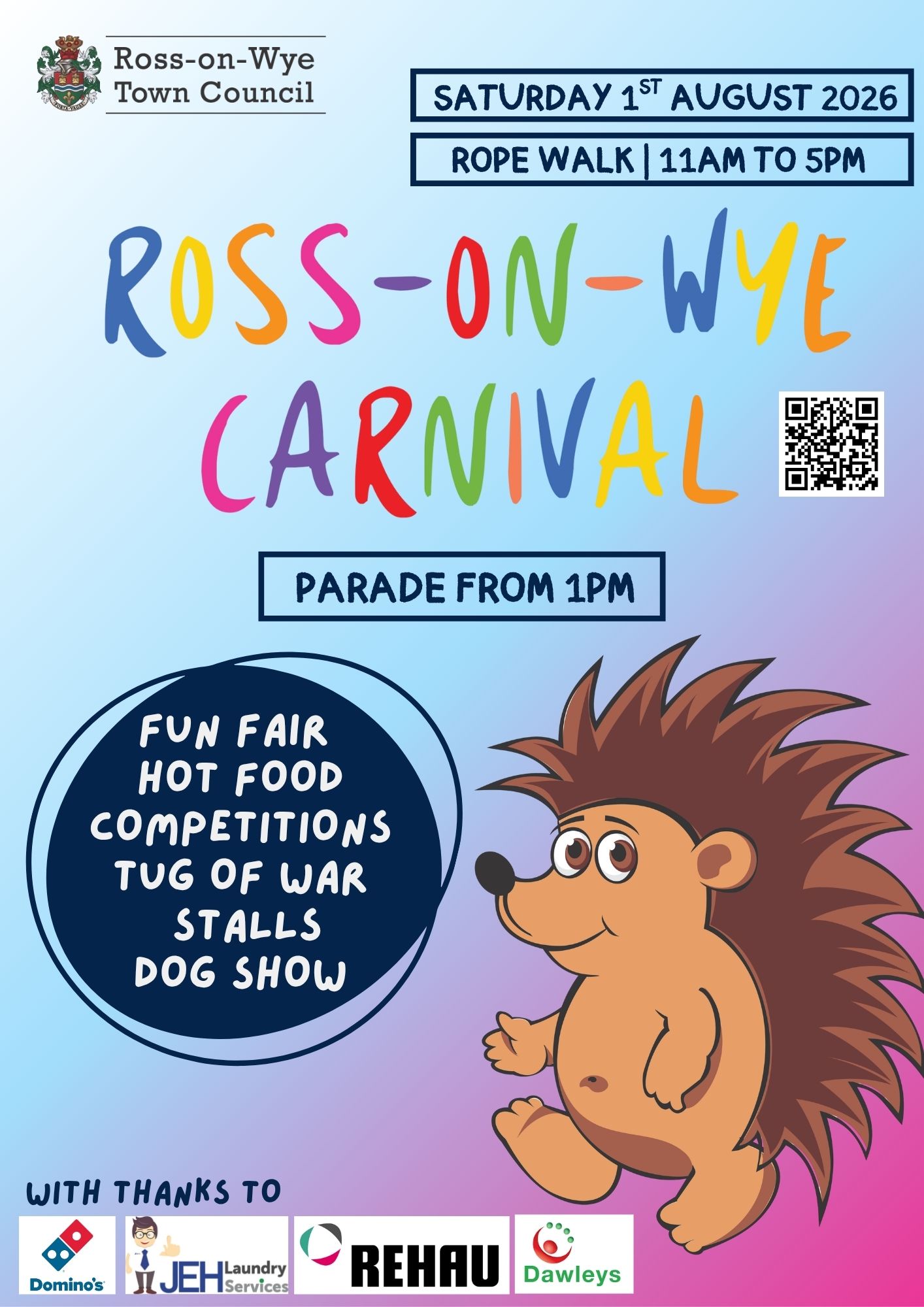 A4 poster with blue and pink gradient background, cartoon hedgehog with edent details in blue or white text