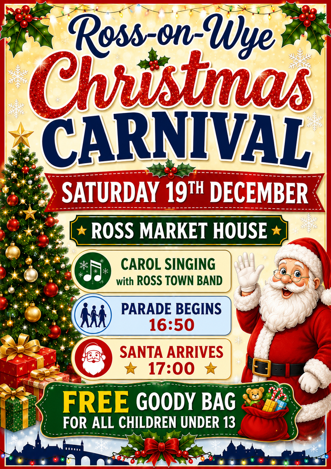 AI generated poster with image of Santa and Christmas tree in the background, Saturday 19th Decemer at 4:50pm