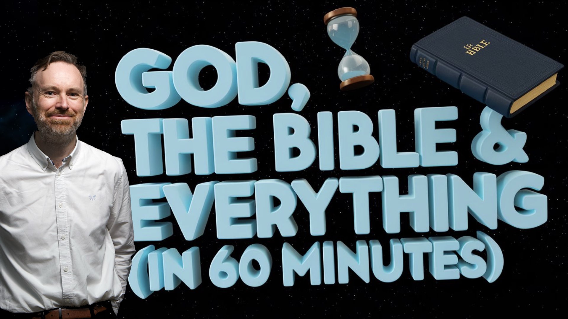 picture of man in white shirt, black background and big title text in blue