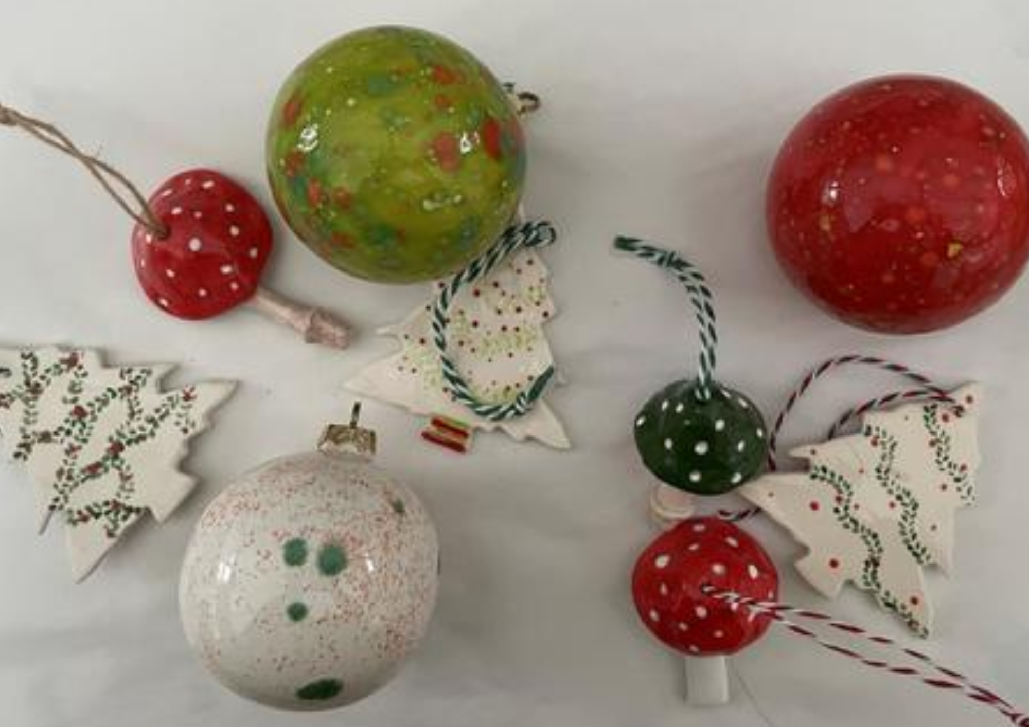Red, green and white Christmas decorations & baubles