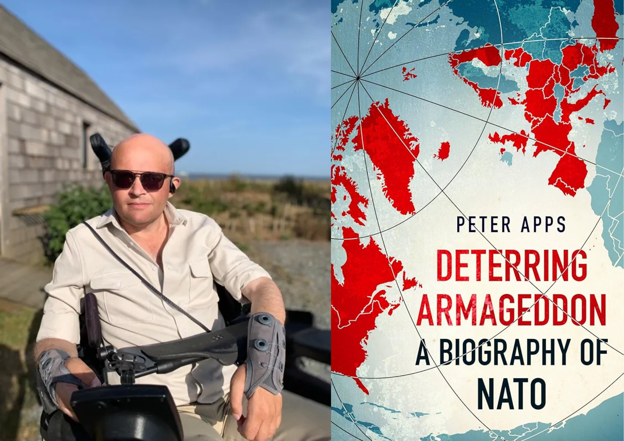 Peter Apps in wheelchair with cover of his new book, Deterring Armageddon